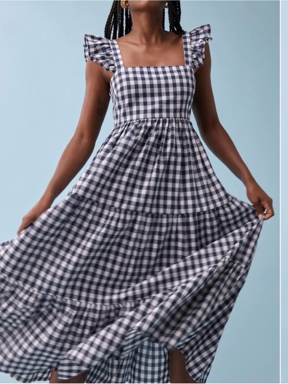 Reformation Navy & White Gingham Tiered Maxi Dress